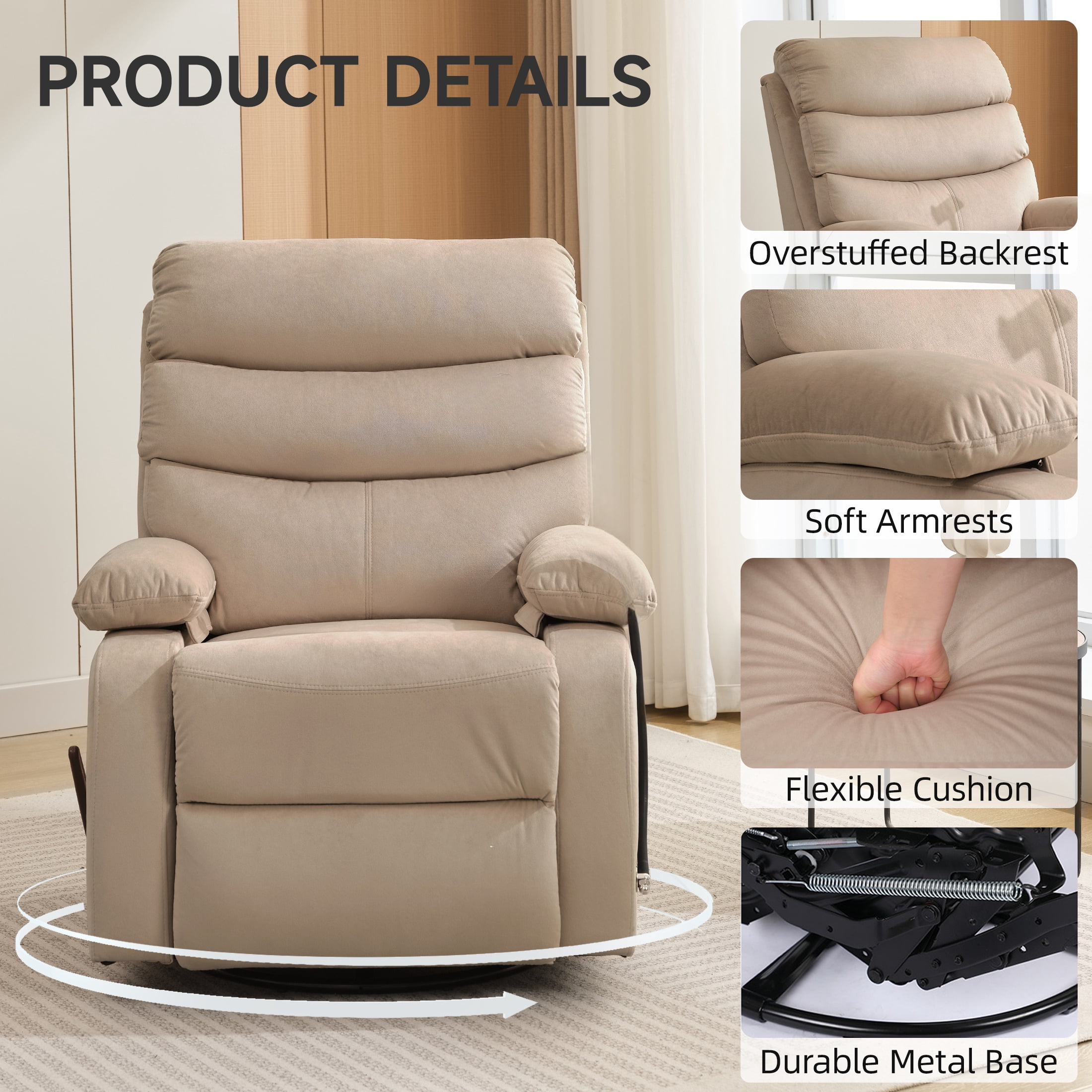 Swivel Rocker Recliner Chair Small Ergonomic Rocker Recliner Chair for Living Room, RV, Nursery, Bedroom, Beige