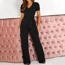 Summer Jumpsuits For Women Trendy Waist Up Short Sleeved Jumpsuit With V Neck Wide Leg Pants One Piece Outfits Black XL