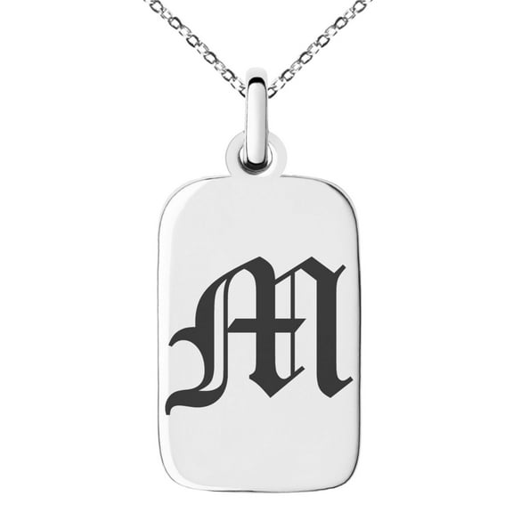Tioneer Stainless Steel Letter M Initial Old English Monogram Engraved Small Rectangle Dog Tag Charm Pendant Necklace