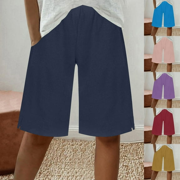 Horkkom Linen Shorts for Women Summer Lightweight Bermuda Shorts Solid Color Elastic Waist Beach Shorts with Pockets Blue L