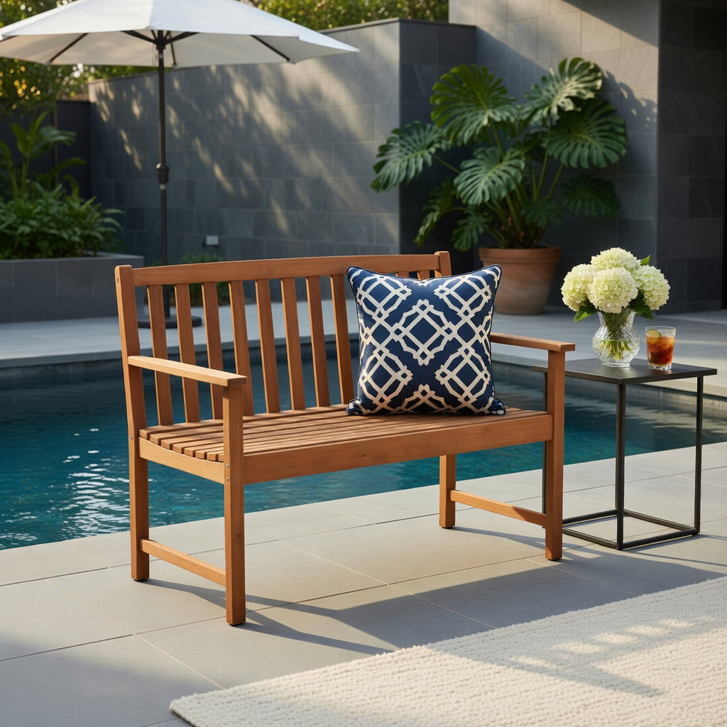 Hommoo 2-Person Outdoor Eucalyptus Wood Patio Bench with Ergonomic Backrest & Armrests, for Garden, Backyard, Poolside Seating, Natural