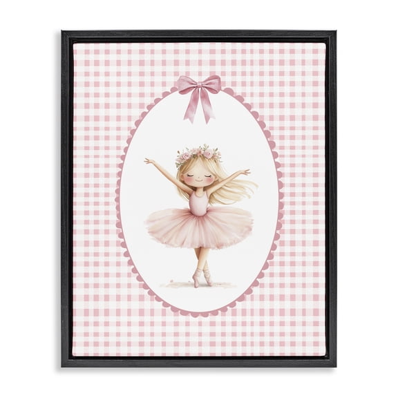 Ballerina on Pink Checkered Black Framed Floater Canvas Wall Art, design by Christine Simpson Art