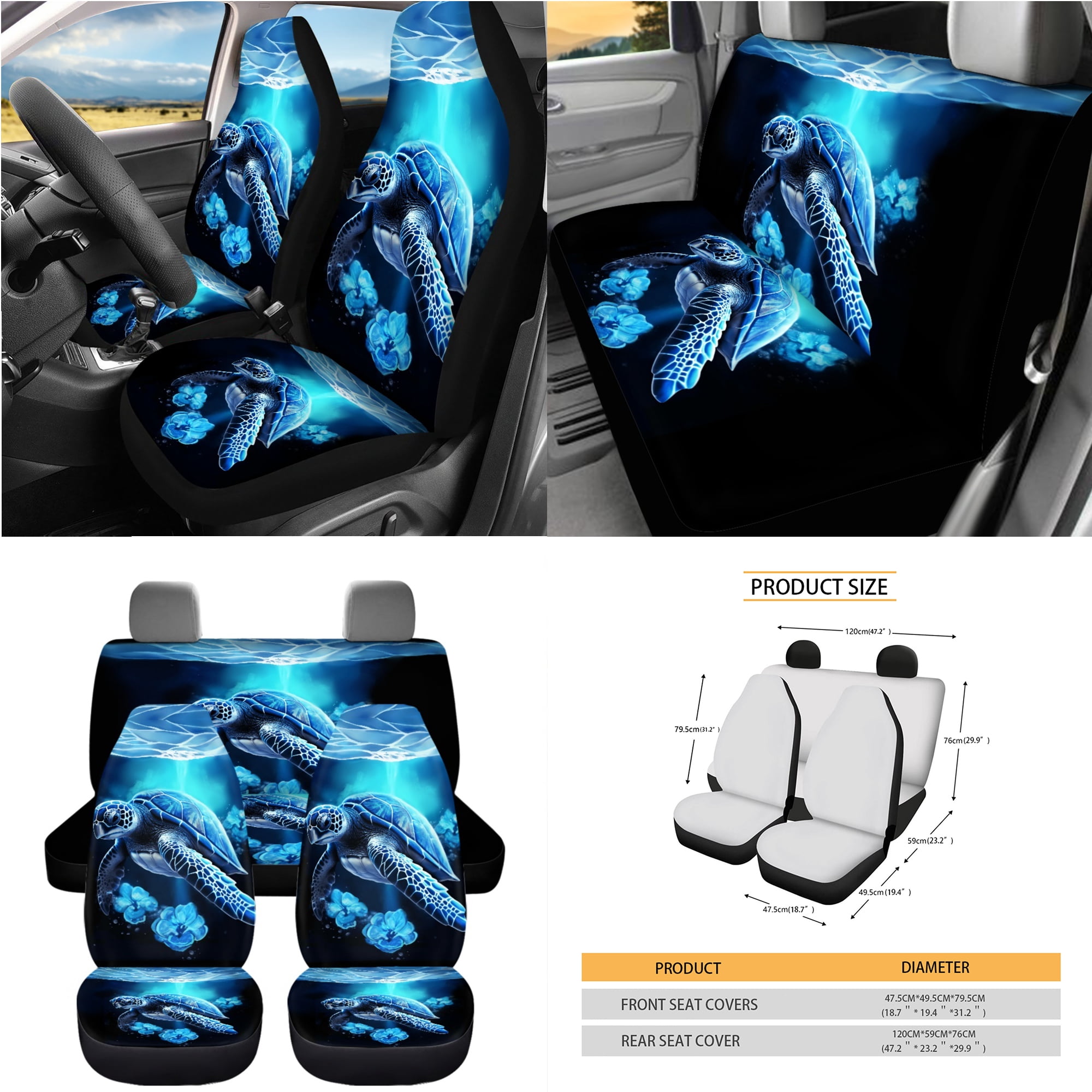Yuyamidu Blue Sea Turtle Car Seat Cover Full Set with Steering Wheel Cover Hibiscus Seat Belt Strap Cover Trash Can Rear View Mirror Cover Cup Coasters Keychain Air Vent Storage Bag, 15 PCS