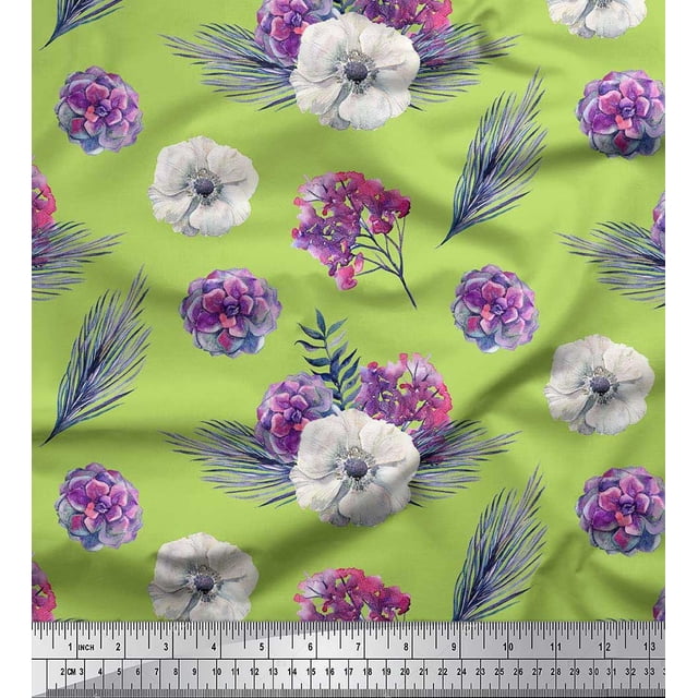 Soimoi Rayon Fabric Leaves,Succulent & Anemone Flower Printed Fabric 1 Yard 42 Inch Wide