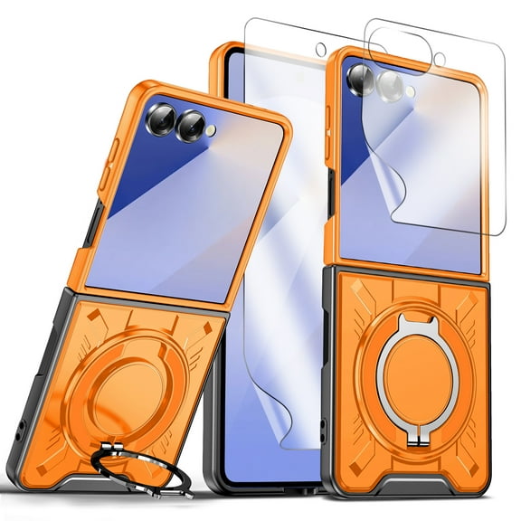Allytechgroup Galaxy Z Flip 7 Case with Screen Protector, Dual-Layers Rugged Shockproof Ring Holder Stand Anti-Scratch Bumper Phone Case Cover for Samsung Galaxy Z Flip 7, Orange