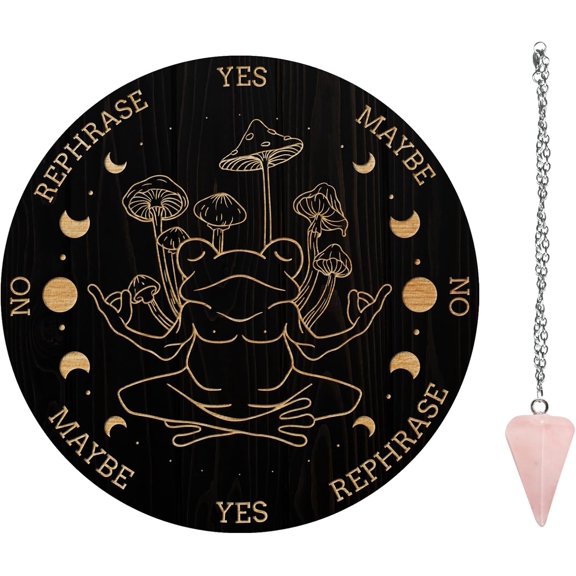 Pendulum Board Set Wooden Dowsing Divination Board Metaphysical Message Board with Crystal Pendulum Necklace for Witchcraft Wiccan Altar Supplies Kit Sage & Frog