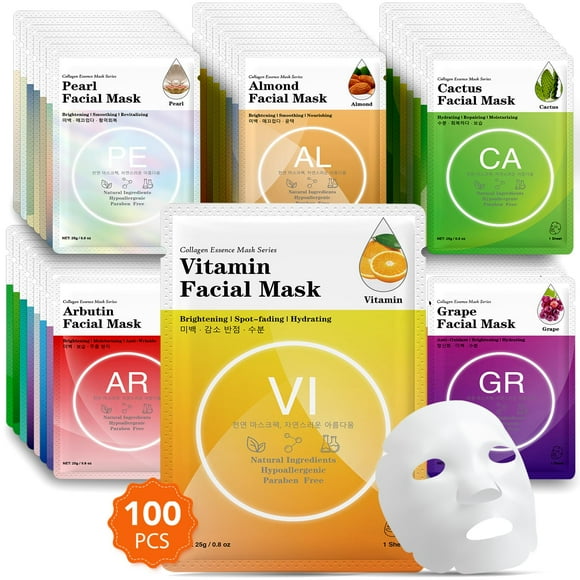 VESPRO 100 Pack Collagen Essence Sheet Facial Masks, Bulk Face Masks Skincare, Hydrating Face Masks for All Skin Types, Moisturizing and Soothing, Natural Skin Care Spa