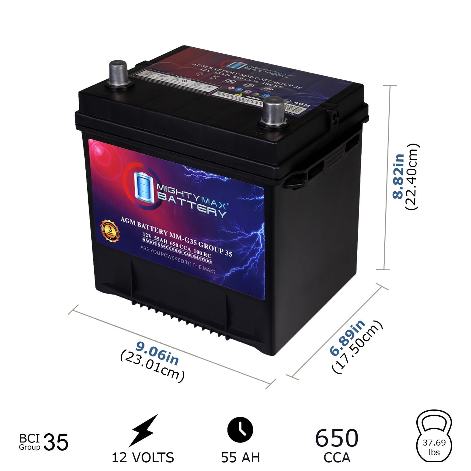 MM-G35 Start and Stop Car BCI Group Size 35 12V 55Ah, 100RC, 650 CCA Rechargeable AGM Car battery