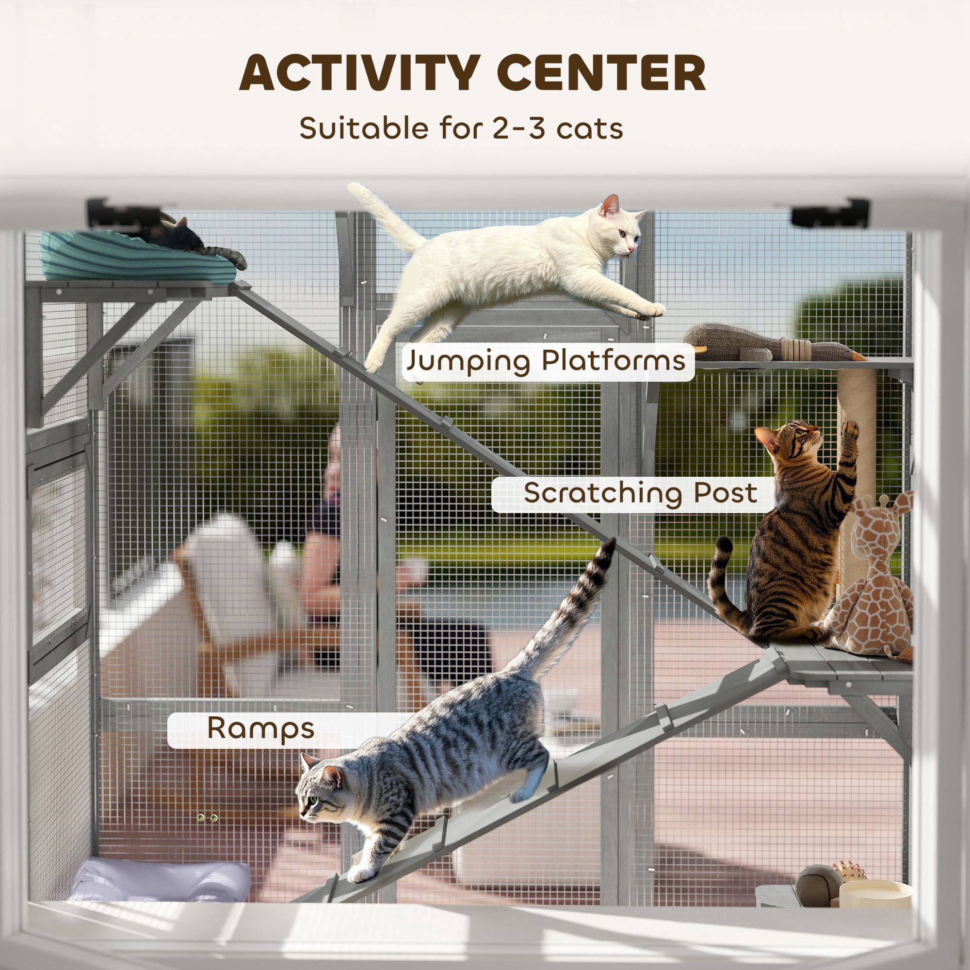Dranite Outdoor Catio Cat Enclosure, Large Wooden Cat House with 6 Jumping Platforms, Scratching Post, 2 Ramps, for 2-3 Kittens