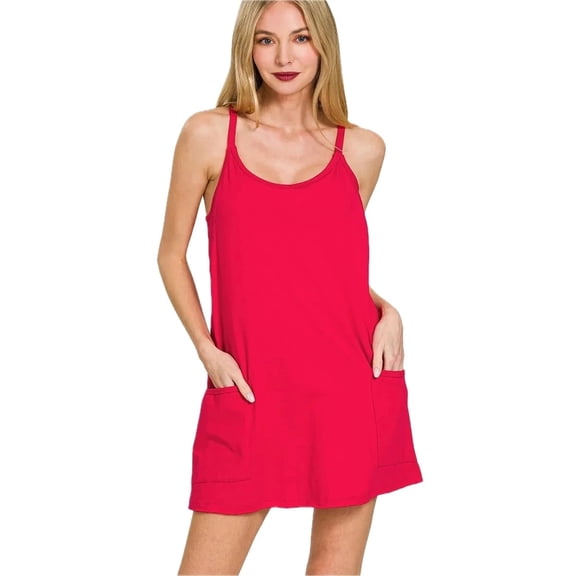 Women's Cami Mini Dress with Built in Romper Liner Pocketed Lightweight Summer Dress Everyday 95% Cotton 5% Spandex