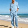 thumbnail image 2 of Jessboyy Mens Pants Sets 2 Piece Outfits Summer V Neck Short Sleeve T Shirts and Pants with Pockets Travel Vacation Outfits Casual Clothing Set Light Blue,L, 2 of 9