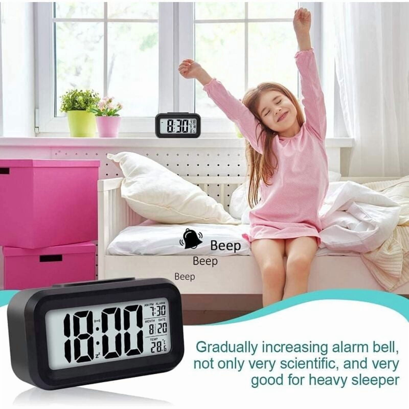 Digital Alarm Clock, Digital Clock Battery Operated Silent Alarm Clock for Kids Adults Large LED Display Temperature Calendar(Black)