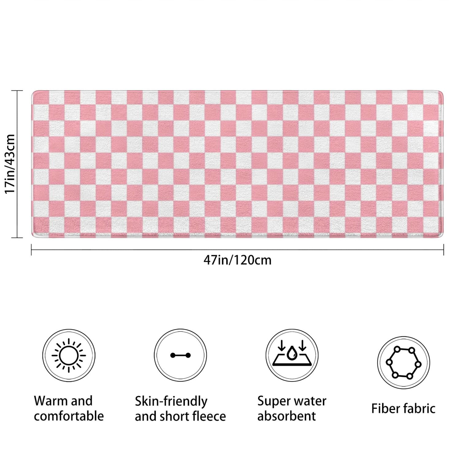 Pink and White Checkerboard Pattern Bathroom Rugs Mat,Non Slip Microfiber Bathroom Rug,Rubber Backing,Soft Bathroom Mats for Bathroom Floor,Tub and Shower,47x17in(120x43cm)