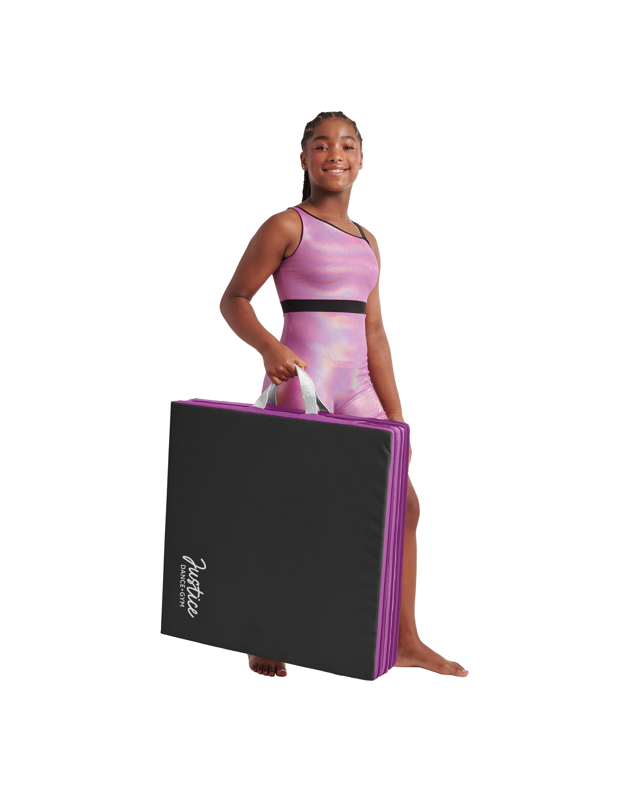 Justice 6ft Three-Fold Gymnastics Mat with Carry Handles, Black Iridescent, 1.5-inch Thickness