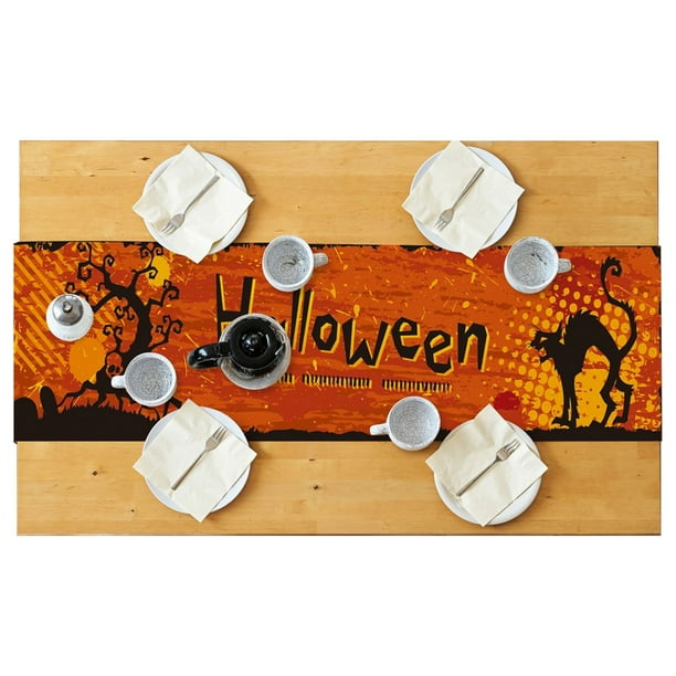 Camino de mesa de Halloween Laklulu de 72 pulgadas, caminos de mesa de arpillera con diseño de calabazas, truco o trato, bufandas pequeñas con cuadros de búfalo y bruja espeluznante para decoración