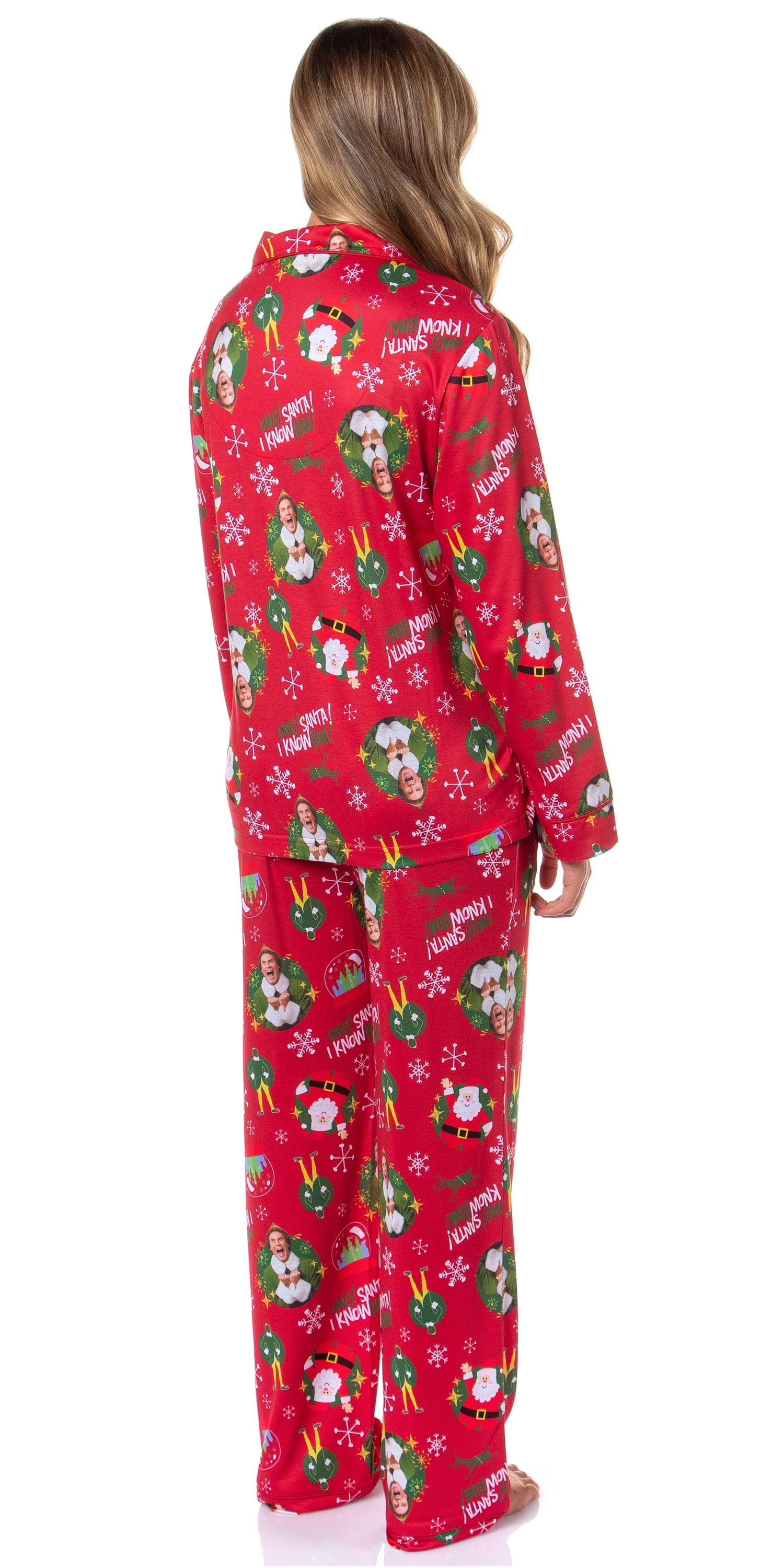 Elf The Movie Women's OMG! SANTA! I KNOW HIM! Christmas Sleep Collared Button Down Long-Sleeve Pajama Set