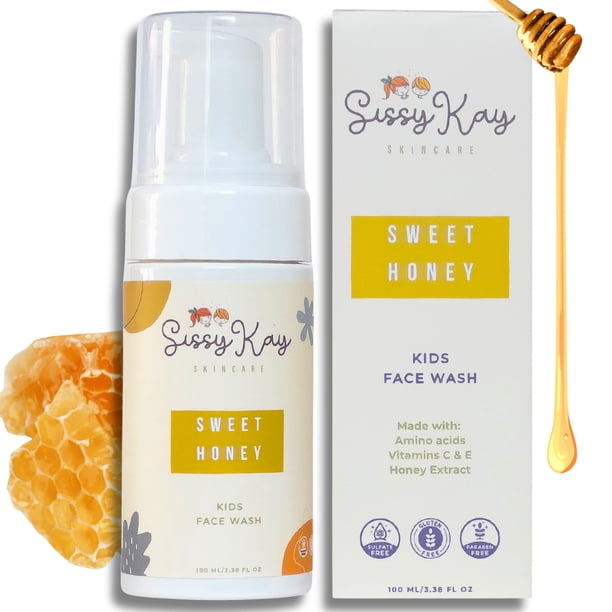 Sissy Kay Kids Jabón facial en espuma para niños y niñas - Jabón facial natural para niños - Limpiador suave de miel con vitamina C y vitamina E - Sin desgarros para pieles sensibles - Miel - 100 ml