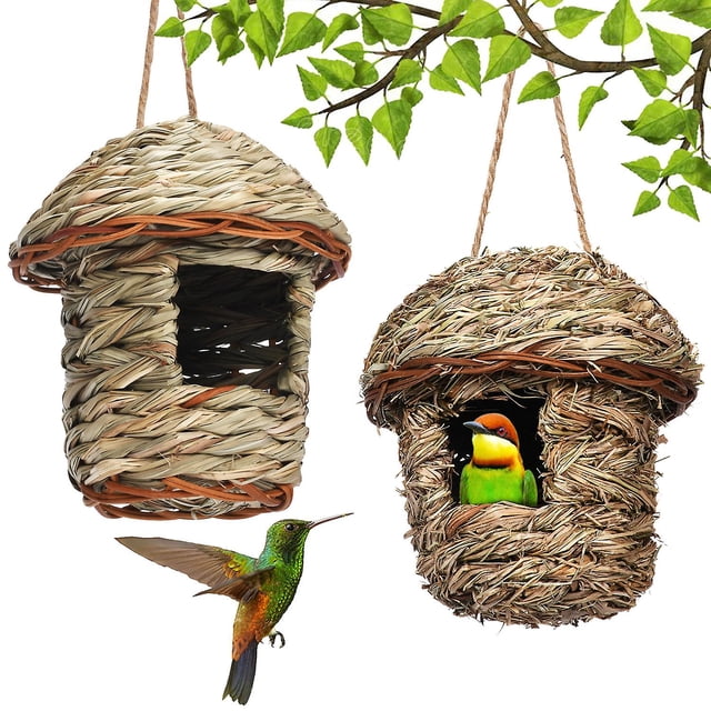 Casa para pájaros tejida de 2 piezas, nido para pájaros hecho a mano, adecuada para pájaros pequeños como colibríes, carboneros, casa para pájaros al aire libre
