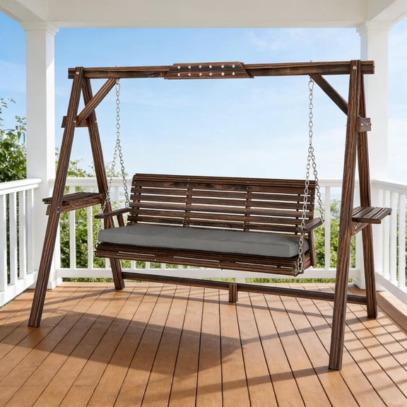 Toauuo 3-Seat Wooden Outdoor Garden Swing Chair, Patio Conversation Swing with Cushion & Side Trays, Adjustable Heavy-Duty Chains, Fir Wood Frame 726LBS Capacity for Porch Yard