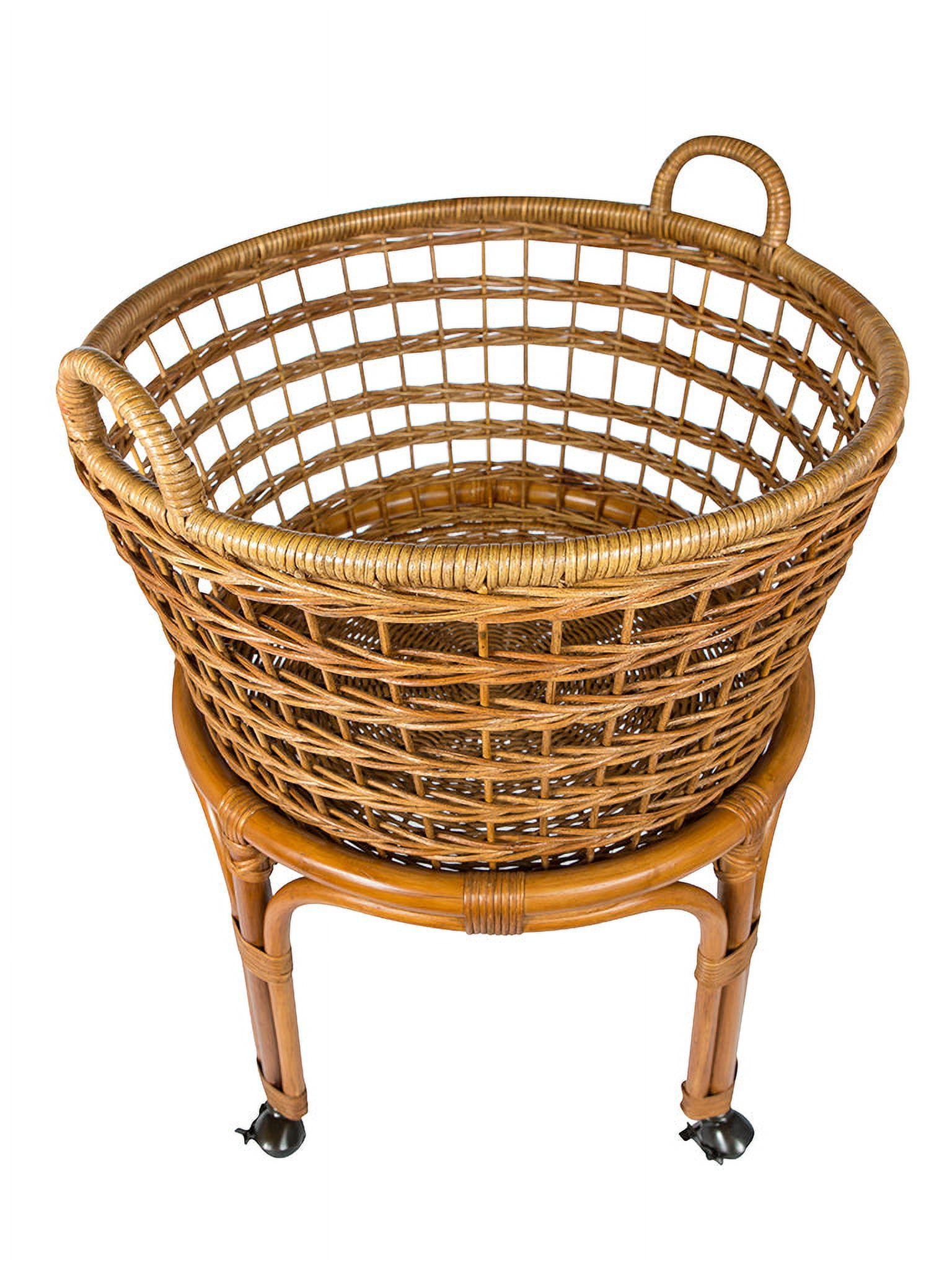 Kouboo Rolling Wicker Laundry Basket, Handwoven Wicker Hamper with Removable Cotton Liner, Stand, & Locking Caster Wheels, Honey Brown