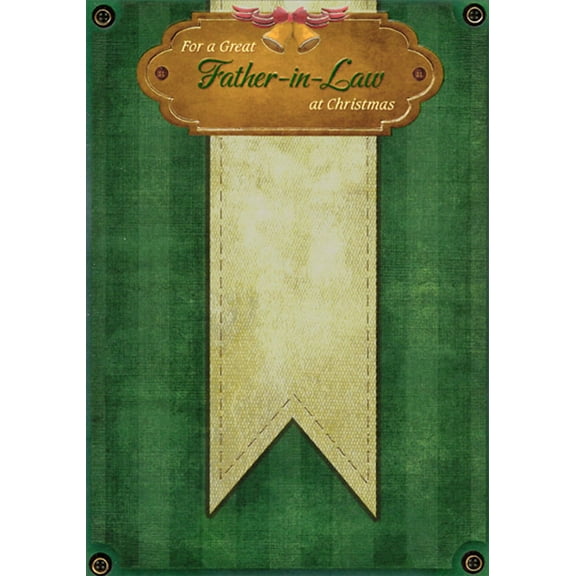 Designer Greetings Gold Ribbon on Dark Green : Black and Gold Circles at Corners Father-in-Law Christmas Card