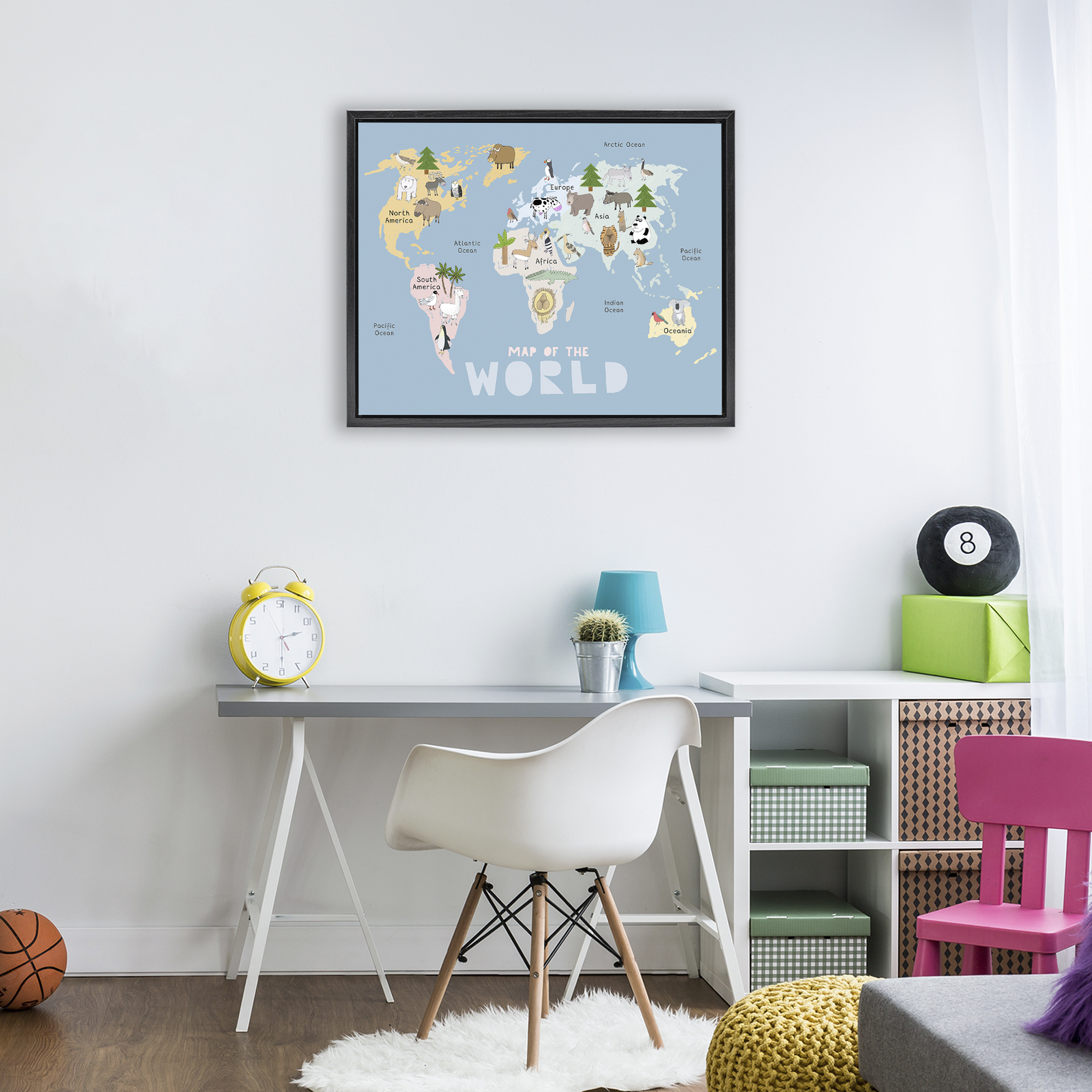 Kid's Map Of World Blue Black Framed Floater Canvas Wall Art, design by Carla Daly
