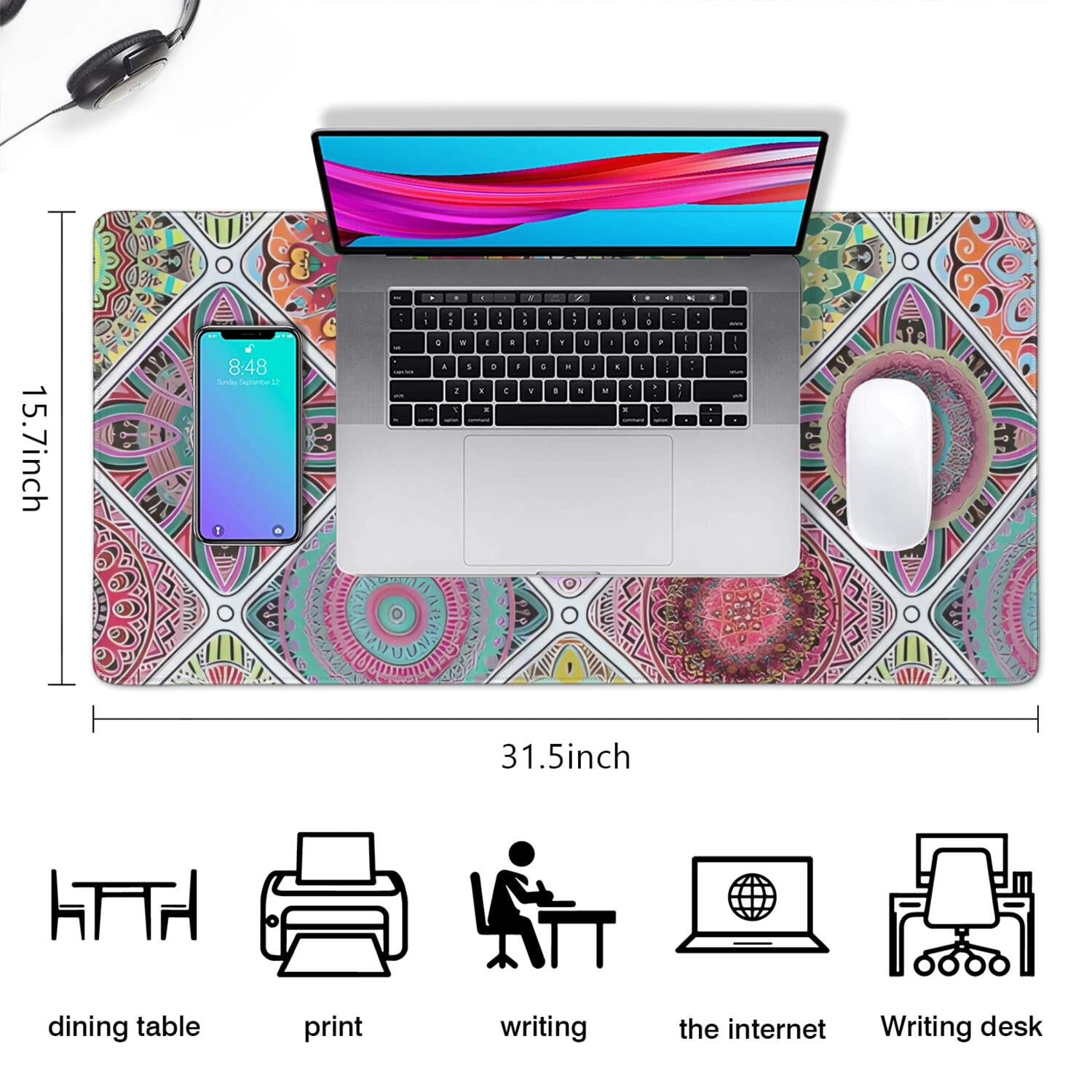 Long Mouse Pads for Desk,Multicolor Ethnic Mandala Pattern Desk Mats on Top Of Desks, Desk Mouse Pad Extra Large with 3mm Non-Slip Base and Stitched Edge for Gaming,Office,Work,Home 31.5"x15.7"