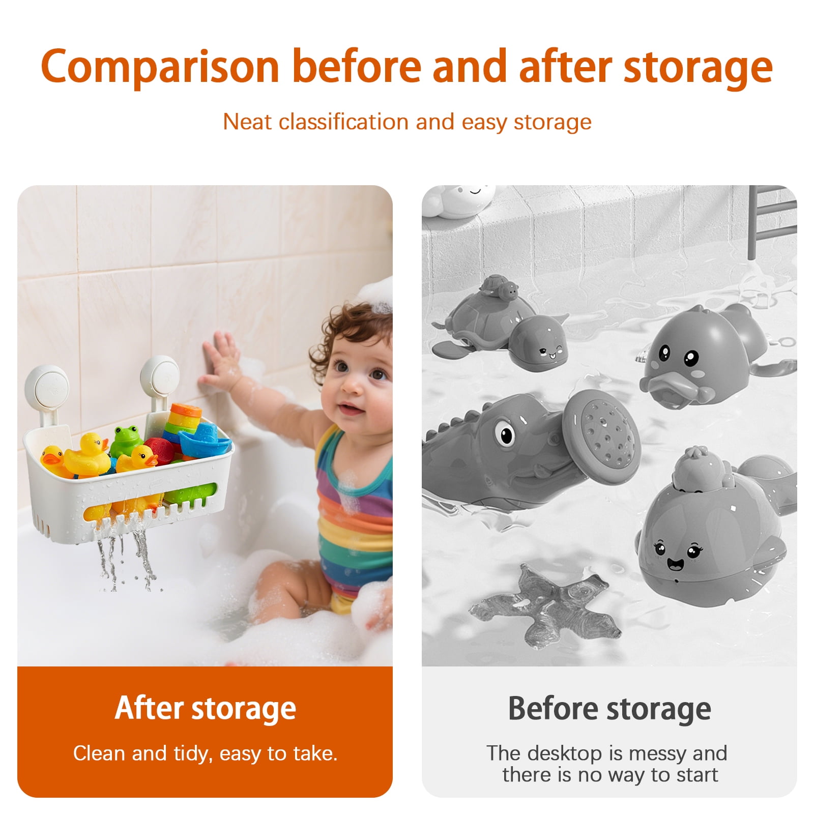 Pethiy Bath Toy Organizer with Strong Suction Cups, Quick Drainage Bath Toy Storage Basket with Hooks for Kids’ Bathroom (White)