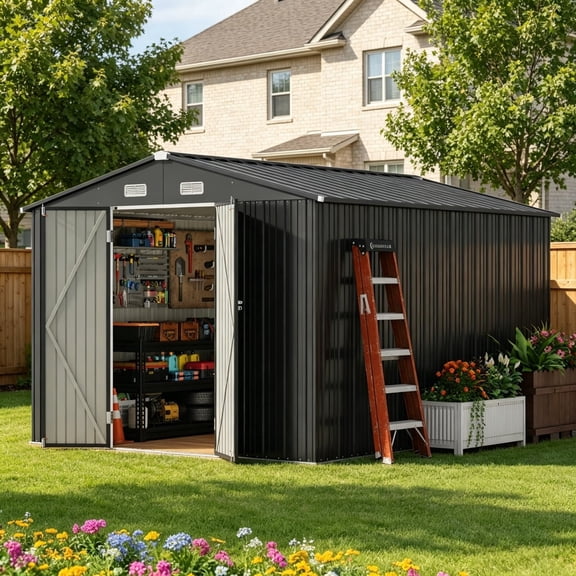 Asofer 10x10 ft Gray Galvanized Metal Storage Shed, Large All‑Weather Utility Shed with Lockable Double Doors & Side Vents for Backyard Patio Lawn Yard