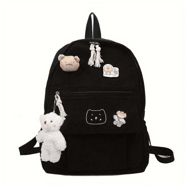 Mochila de pana Kawaii con colgante de oso lindo, mochila escolar para computadora portátil de estilo preppy, mochila de viaje de dibujos animados lindo