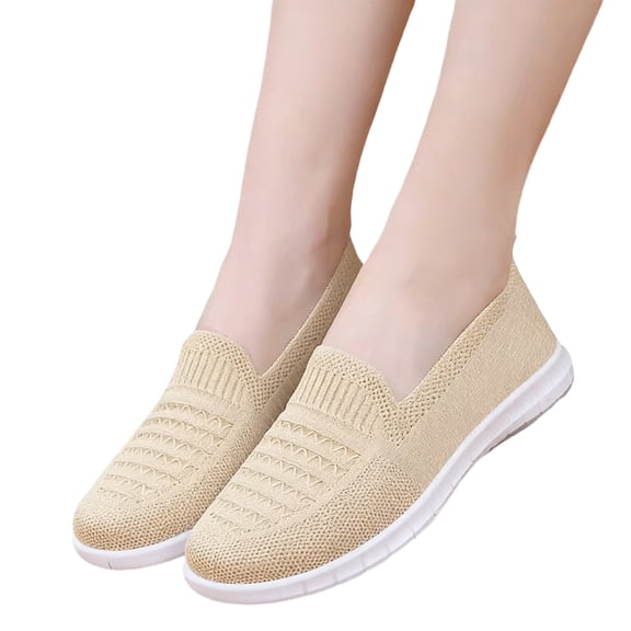 longantii Women's Orthopedic Knit Flat Loafers Breathable Mesh Round Toe Comfortable Slip On Walking Shoes Casual Lightweight Daily Footwear for Ladies Beige