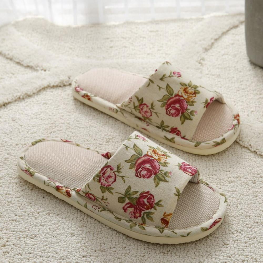 Carlendan Womens Cotton Memory Foam Summer House Slippers Slides Indoor Bedroom Sandal Shoes Open Toe Washable with Non Slip Linen Sole, Women's, Size
