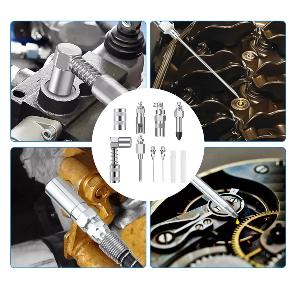 8‑Piece Grease Gun Injector Needle & Nozzle Accessory Set with 90° Coupler Adapter, Universal Grease Fittings Tool Kit for Automotive, Industrial & Machinery Lubrication