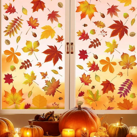 JMKQLZ Thanksgiving Maple Leaf Window Clings - 6 Pack Static Adhesive Fall Themed Decorations for Glass Doors and Windows with Autumn Harvest Motifs
