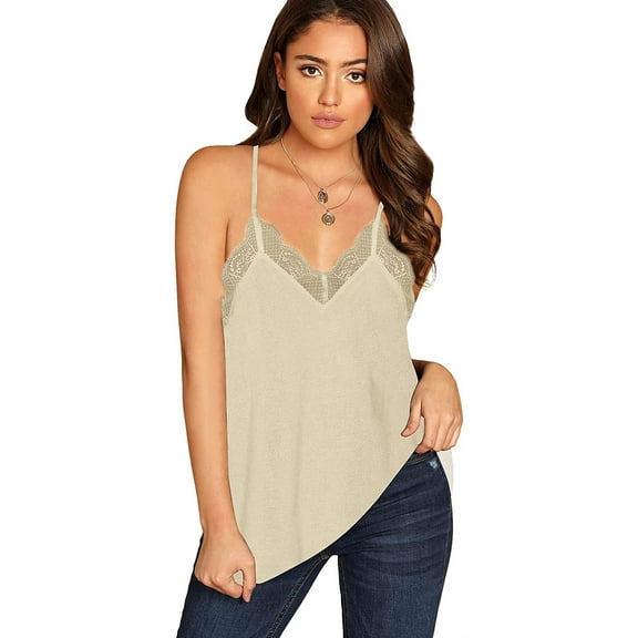 Women's V Neck Sleeveless Lace Trim Spaghetti Strap Slim Fit Camisole Cami Tank Top