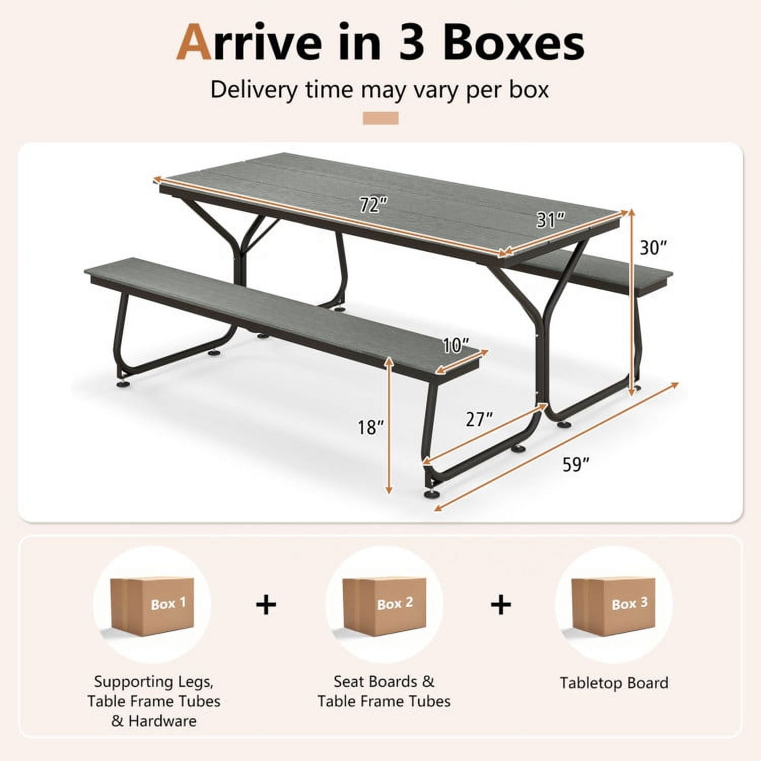 Aimee Lii 6" Outdoor Picnic Table Bench Set for 6-8 People, Outdoor Patio Furniture, Gray