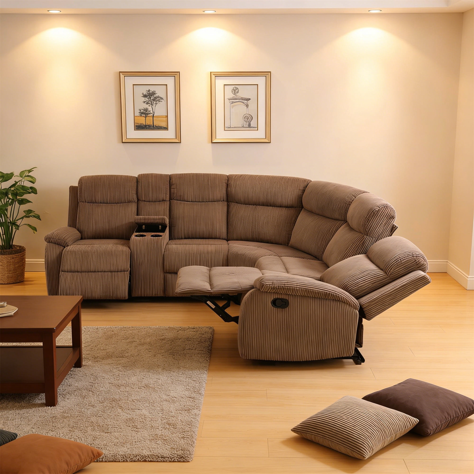 Aukfa 3-Piece Recliner Sofa Set, 5 Seat Sectional Couch with Cup Holders&Storage Console, Corduroy, Brown