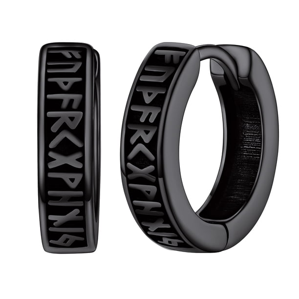Pendientes de aro de runa vikinga Silvora 10mm negro para hombres y mujeres de plata esterlina Huggie