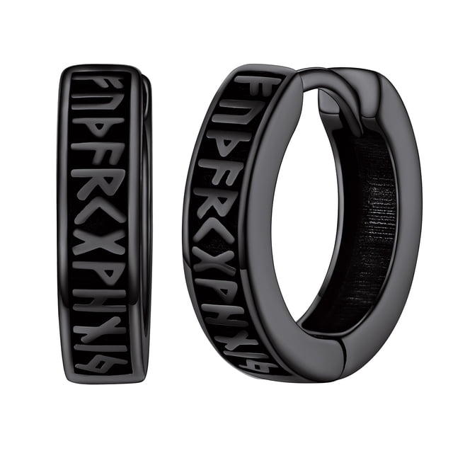 Pendientes de aro de runa vikinga Silvora 10mm negro para hombres y mujeres de plata esterlina Huggie