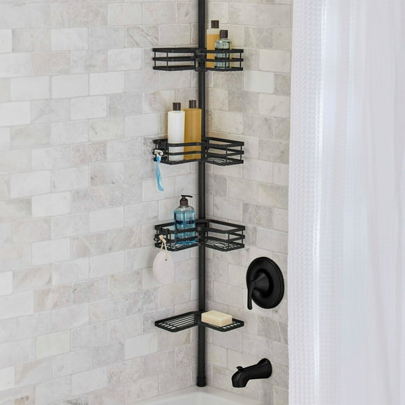 Better Homes & Gardens Matte Black Tension Pole Shower Caddy, Resists Rust, 3-Tier Storage