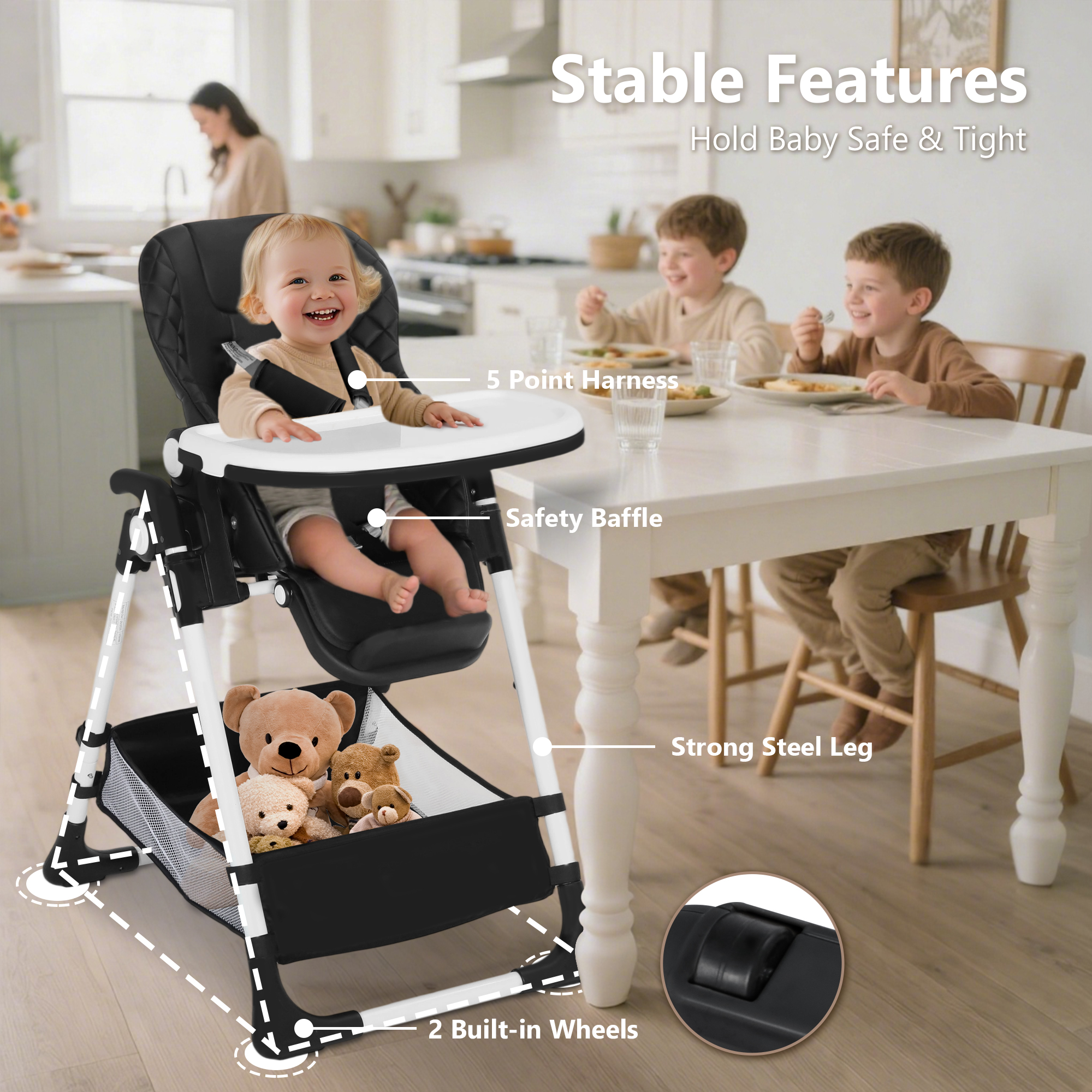 LINLUX Foldable Baby High Chair, Adjustable Feeding Chair for Toddler w/Removable Double Tray, Black