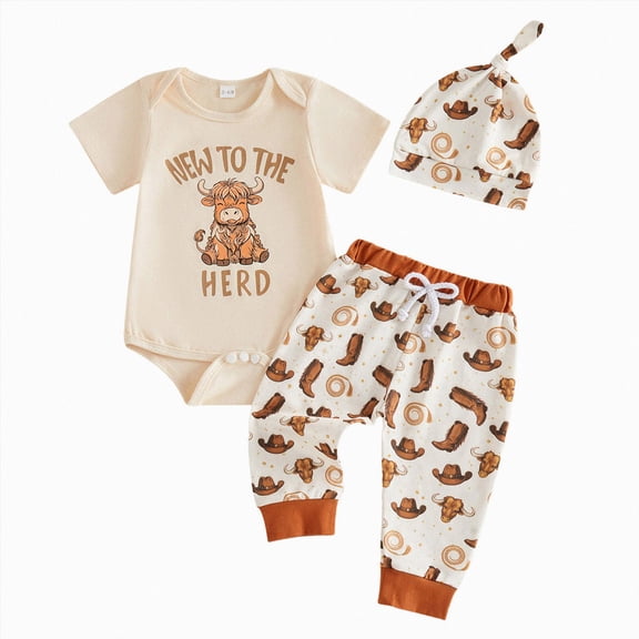 UngA Newborn Baby Boy Clothes New to The Crew Letter Print Romper Pants Hat 3PCS Outfit Baby Boy Outfit Beige,12-18 Months