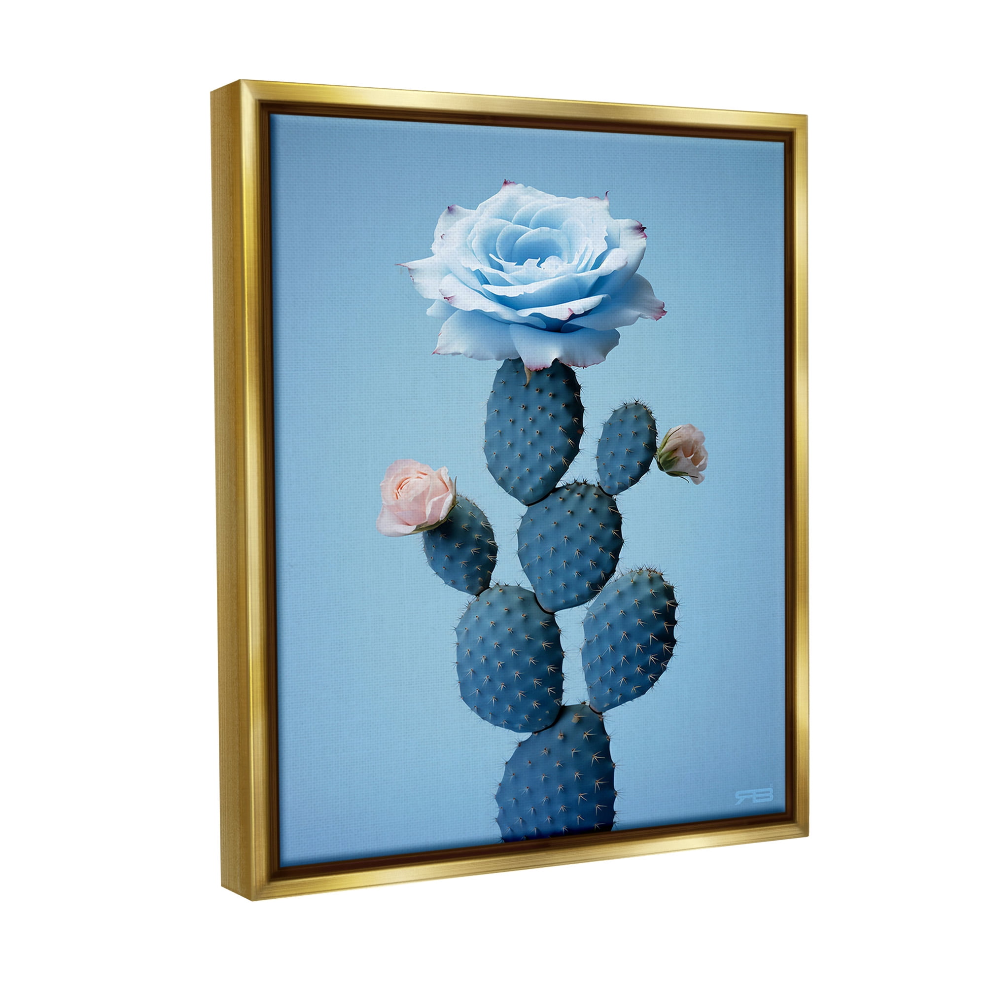 Stupell Industries Blue Rose & Cactus Botanical & Floral Painting Gold Floater Framed Canvas Art Print Wall Art, 17 x 21