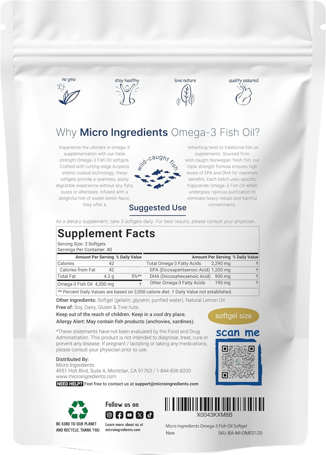 Micro Ingredients Triple Strength Omega 3 Fish Oil 4200mg Per Serving, 120 Softgels | Source from Norwegian Deep-Sea Fish, Lemon Flavored, Burpless