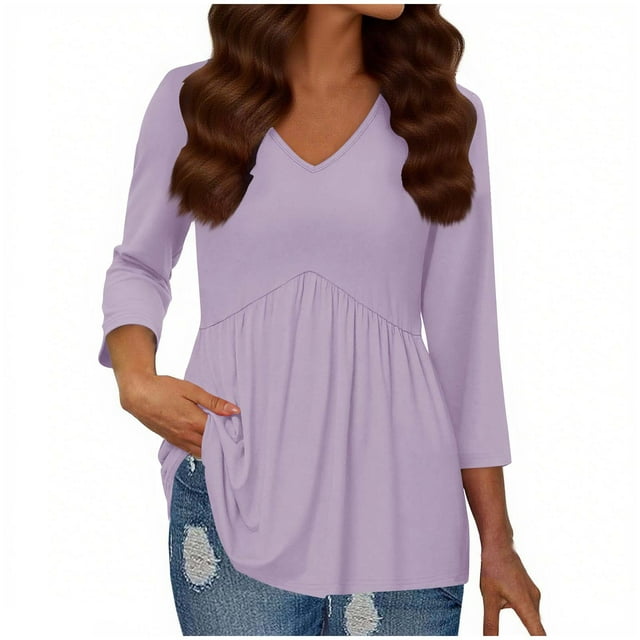 Plebaso Hauts pour Femmes à Manches 3/4, Tunique Plissée à Col en V, Hauts Unis Habillés et Fluides, Blouses