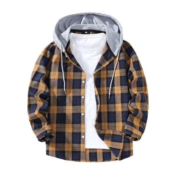 Ceisia Men's Casual Plaid Patchwork Hooded Button-Up Long Sleeve Shirt Gift