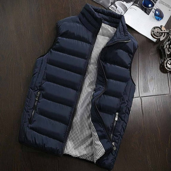 YODETEY Men Autumn Winter Coat Padded Cotton Vest Warm Hooded Thick Vest Tops Jacket Dark Blue 6(XXL)