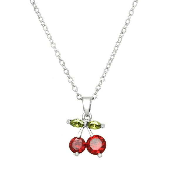 Cherry Pendant Necklace or Earring Red Cubic Zirconia Crystal Rhodium Plated 17 Inch Link Chain J0286-RD