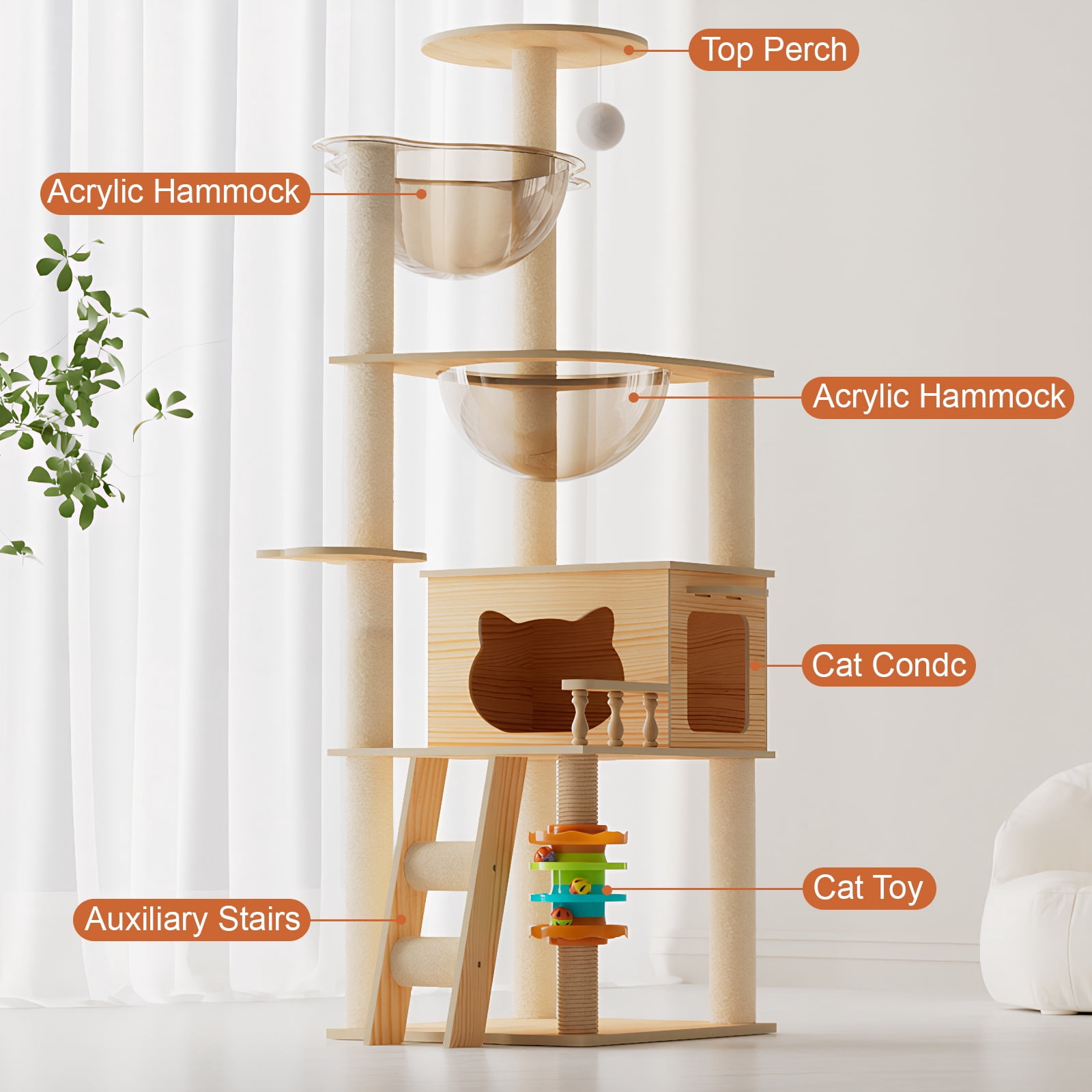 59" Modern Cat Tower, Wood Cat Tree Tower for Indoor Cats, Cat Treewith Sisal-Covered Scratching Posts and Top Perch, Cat Condo with Acrylic Hammock for Small Large Cats&nbsp;