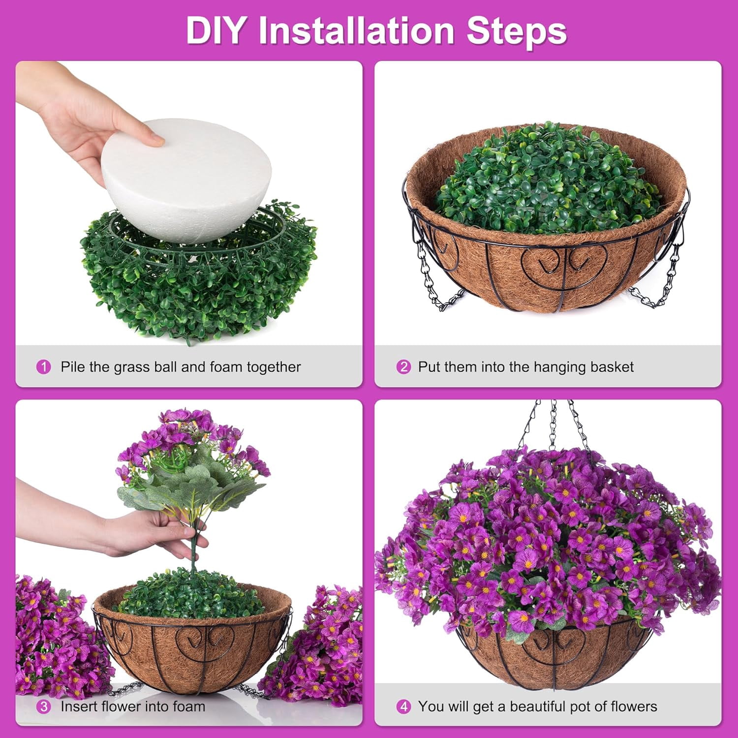 Artificial Hanging Flowers Basket for Spring Outdoor Outside Decoration, Fake Silk Colorful Daisy Eucalyptus in Planter UV Resistant Look Real for Home Patio Yard(Darkorchid)